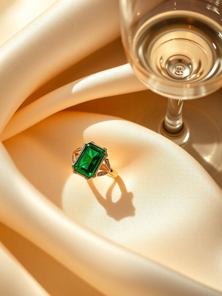 Fine jewelry with emerald ring beside champagne on cream silk