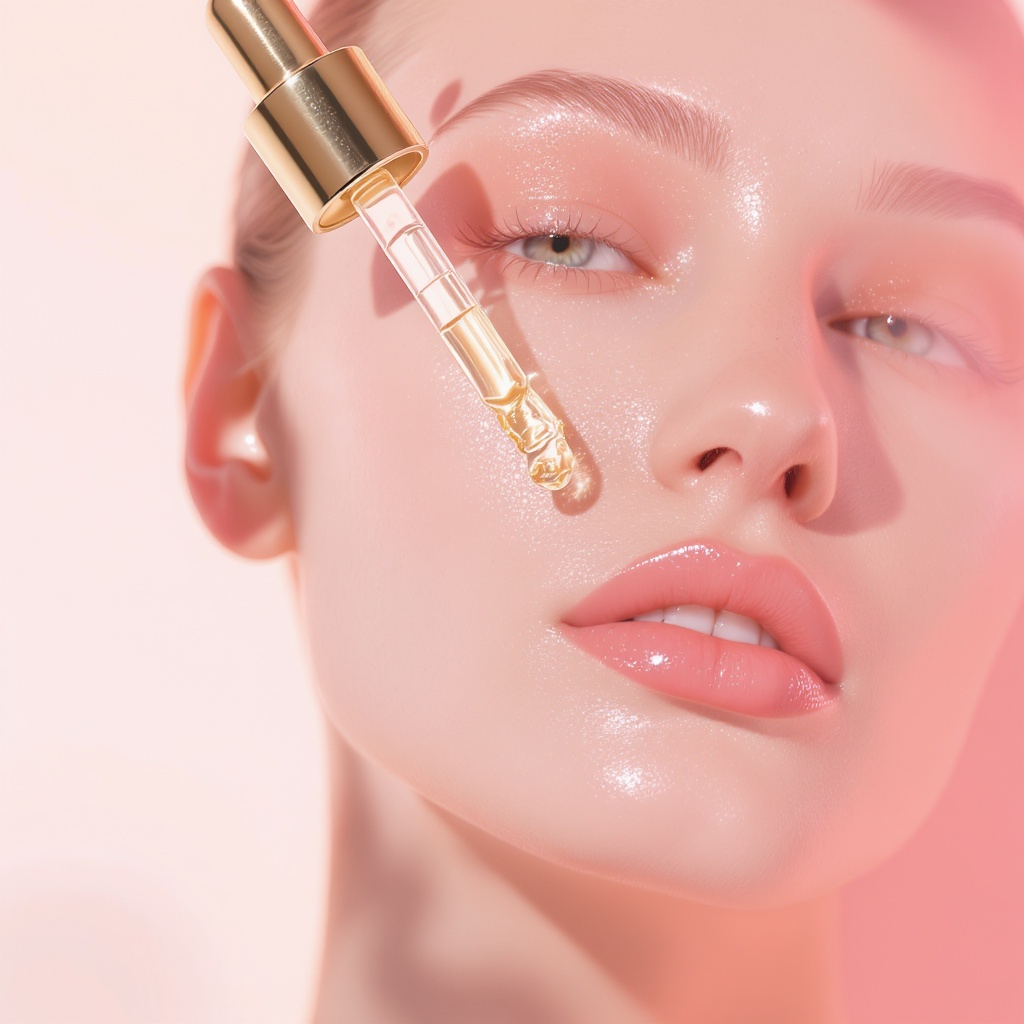 Luxury skincare with golden serum dropper over glowing skin
