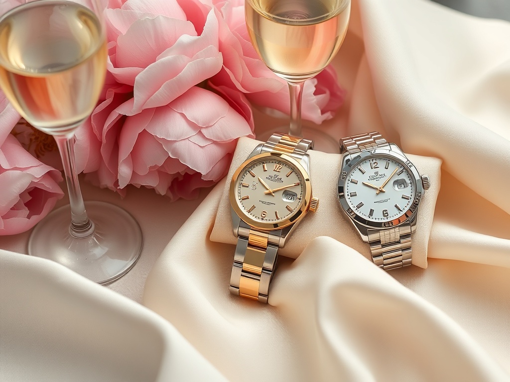 Luxury watches lifestyle with timepieces on linen beside champagne flute and peonies