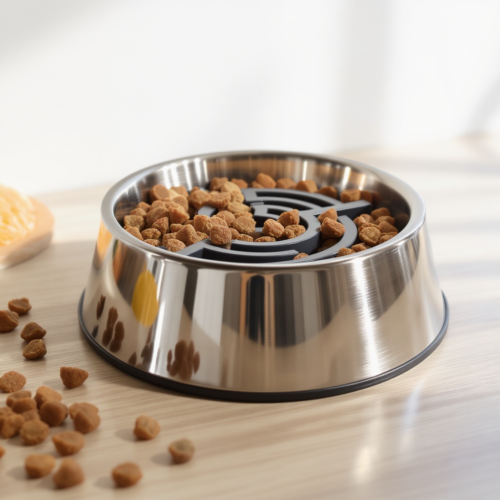Stainless steel slow-feeder dog bowl with maze design on a kitchen counter