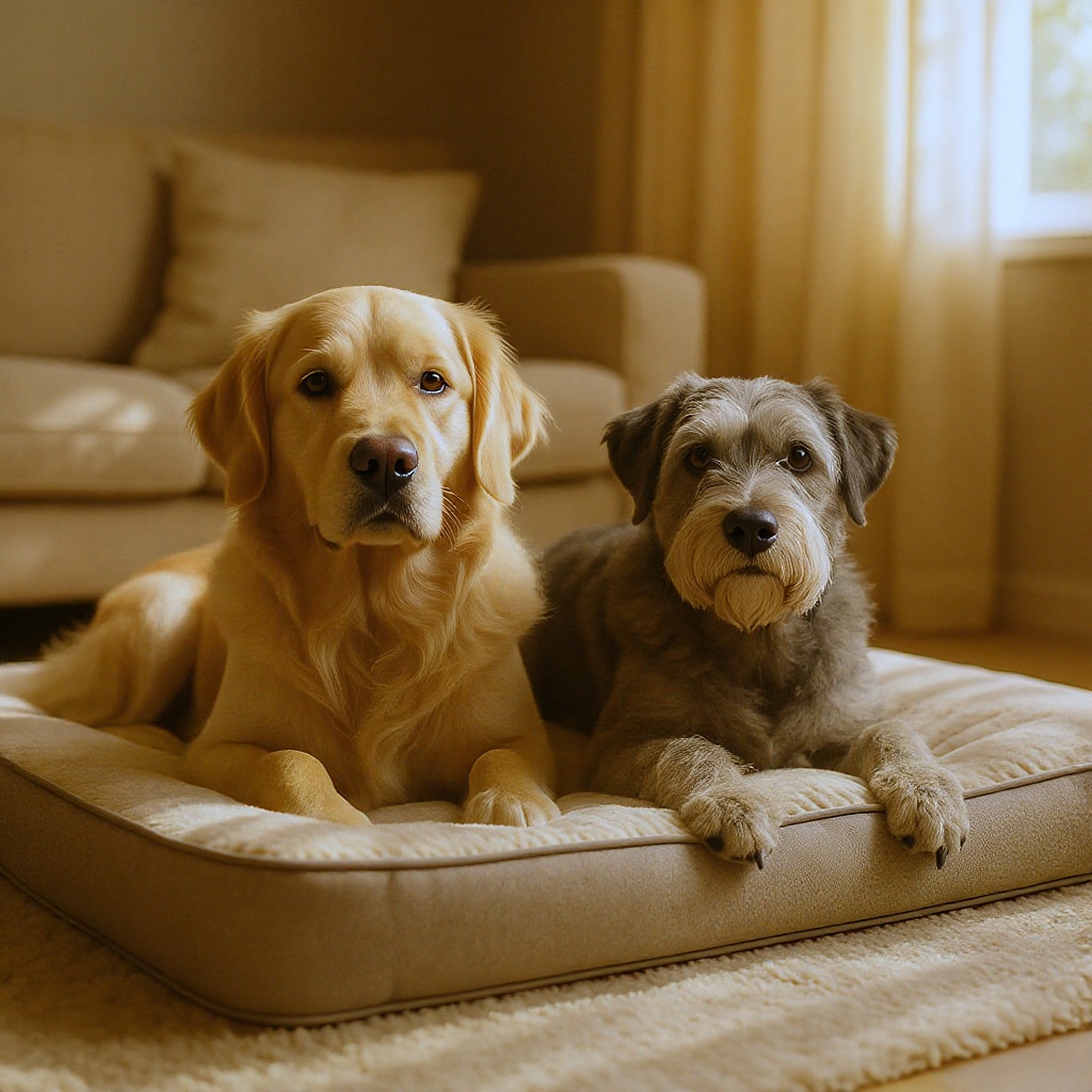 Senior golden retriever resting on an orthopedic memory foam dog bed in a sunlit living room