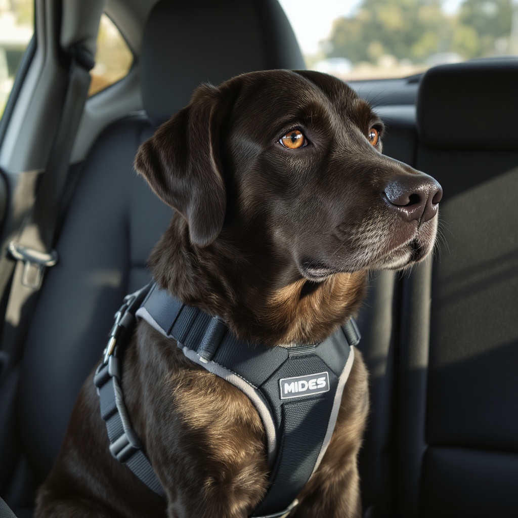 Medium-sized dog wearing a padded safety car harness in a rear car seat with seatbelt threaded through the harness loops