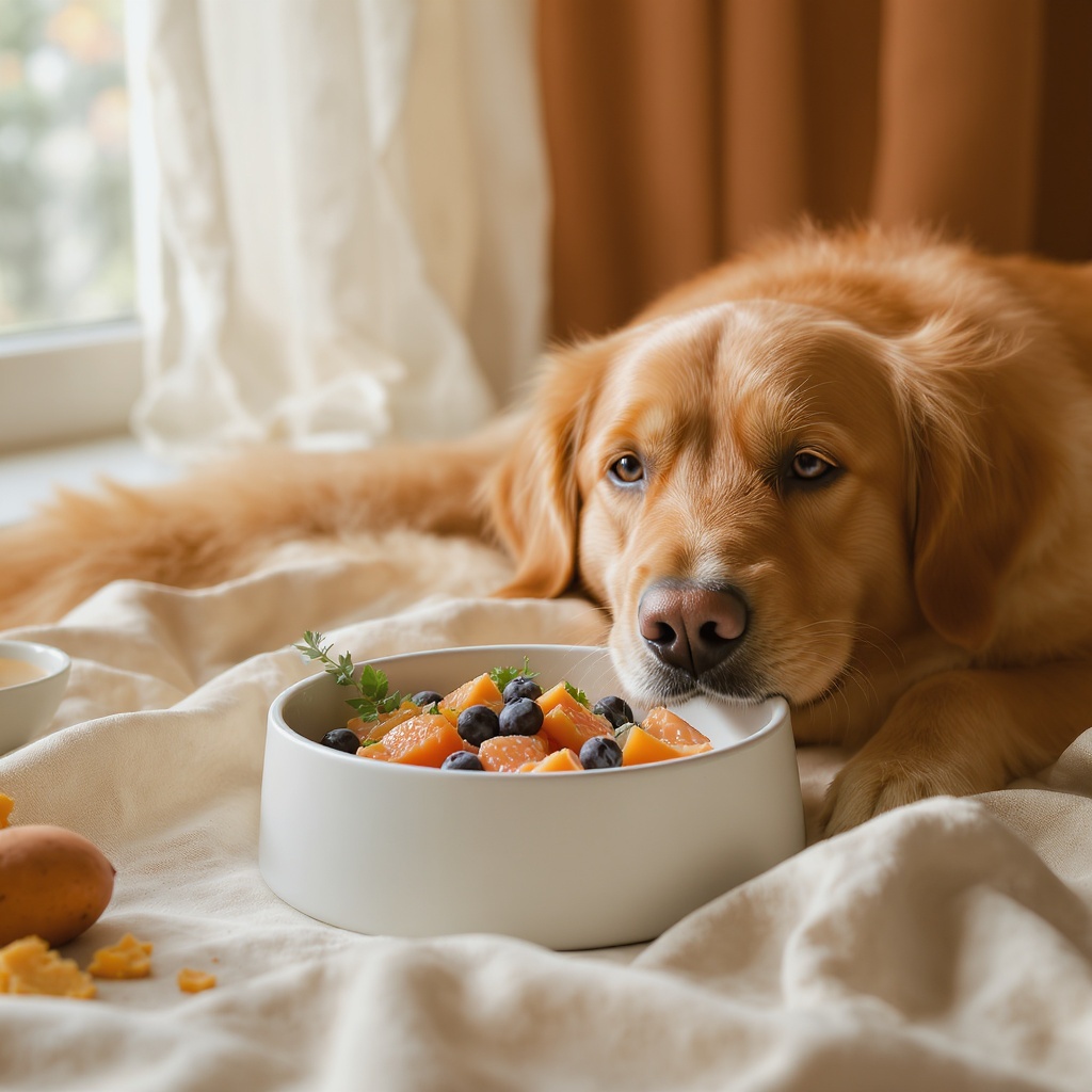 Happy golden retriever with Fetra bowl