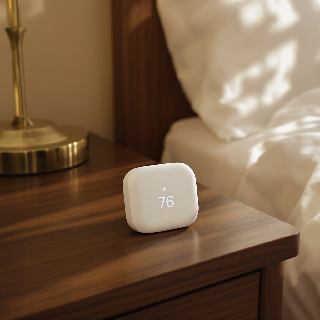 Loadlight Sleep Tracker on a nightstand, displaying a sleep score