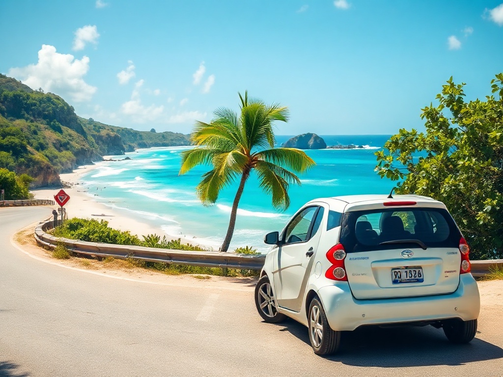 Voiture de location garée en bord de mer en Guadeloupe, plage de sable blanc et mer turquoise en arrière-plan