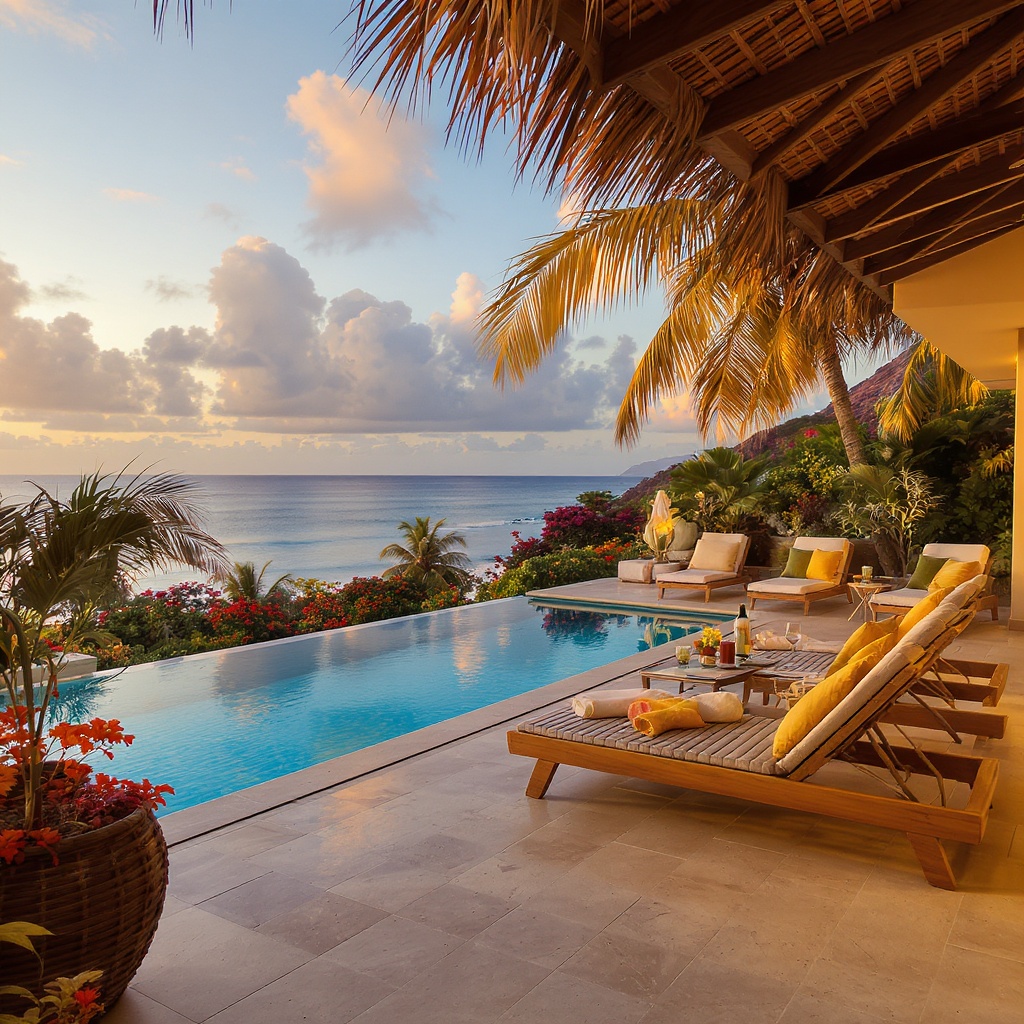 Terrasse villa Guadeloupe avec piscine privée au coucher du soleil