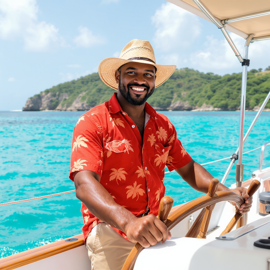 Guide local guadeloupéen souriant à la barre de son bateau dans les Caraïbes — opérateur touristique authentique
