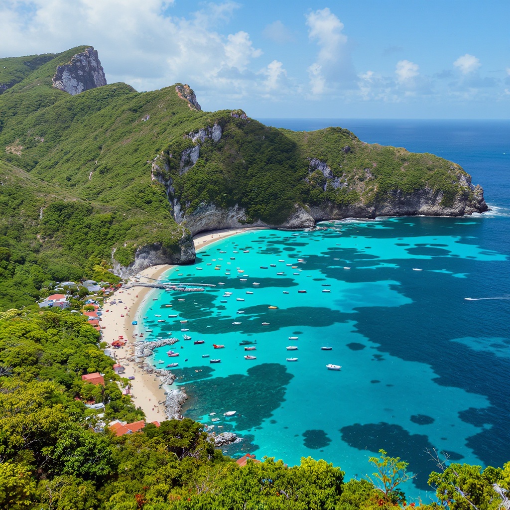 Vue aérienne de la baie de Terre-de-Haut aux Saintes Guadeloupe avec bateaux colorés