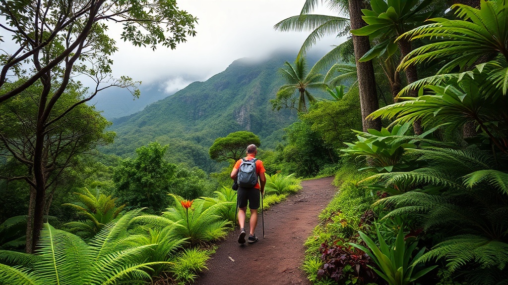 Sentier de randonnée à travers la forêt tropicale vers la Soufrière, Guadeloupe