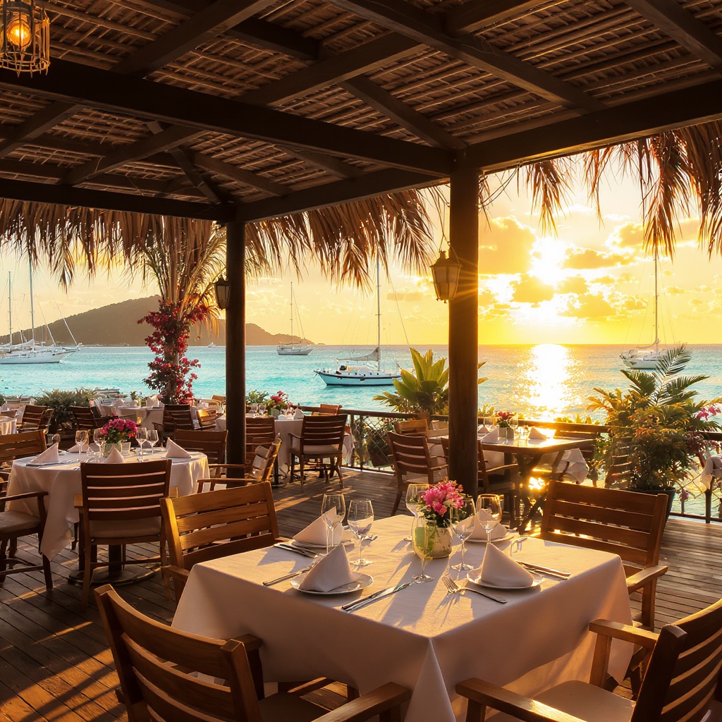 Terrasse de restaurant créole face à la mer en Guadeloupe au coucher du soleil