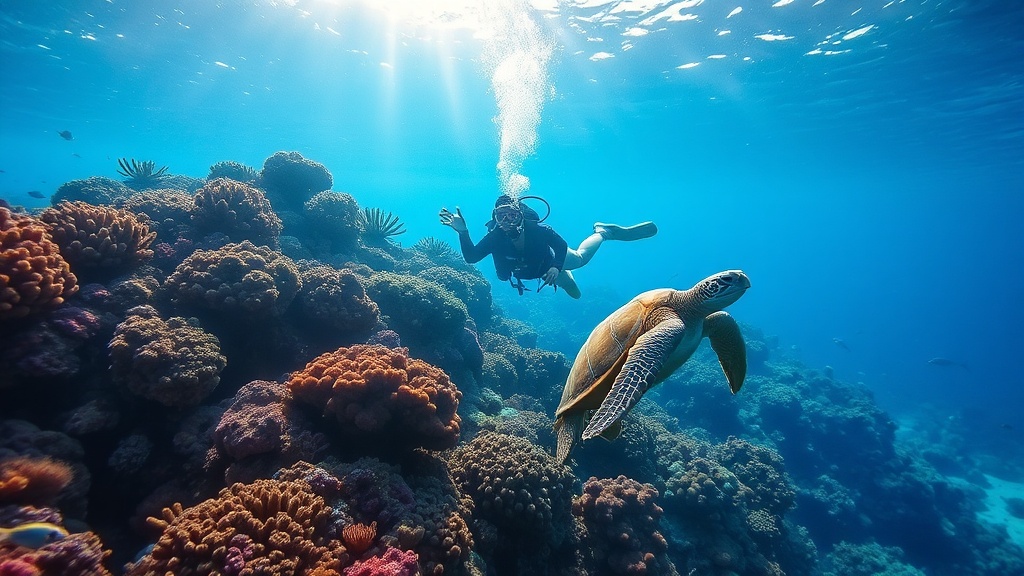 Plongeur et tortue marine dans la réserve Cousteau, Guadeloupe