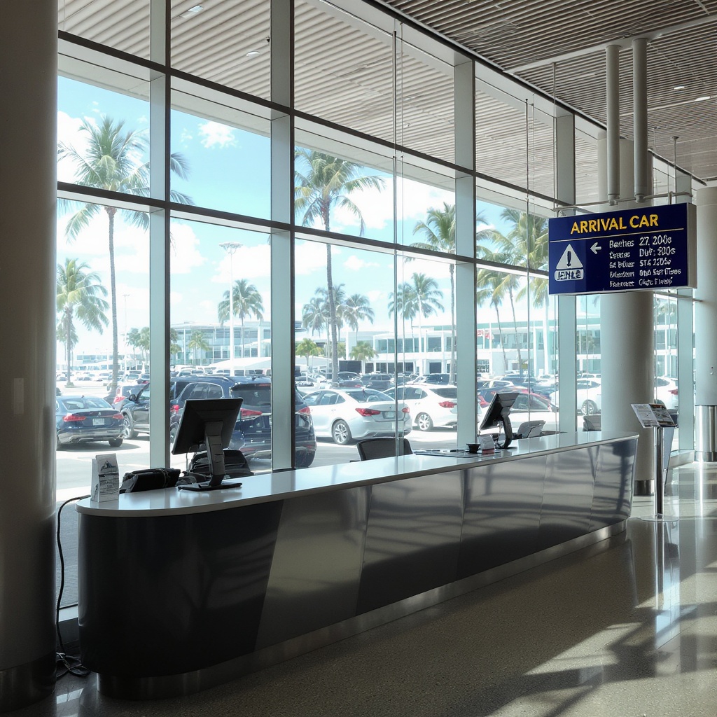 Comptoir de location de voiture à l'aéroport de Guadeloupe Pôle Caraïbes, parking et véhicules disponibles