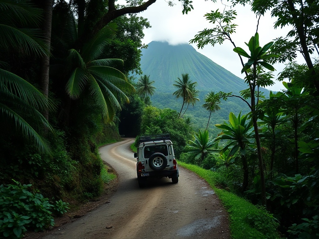 4x4 sur route de montagne dans la forêt tropicale de Basse-Terre, Guadeloupe, vers la Soufrière