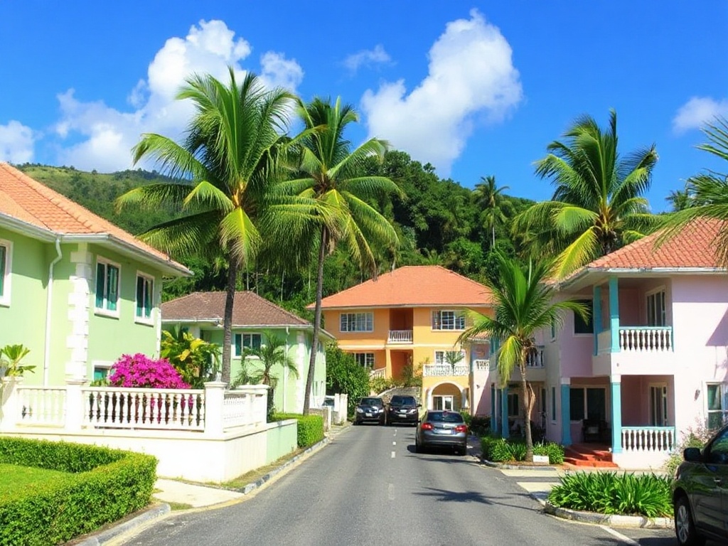 Quartier résidentiel de Sainte-Anne en Guadeloupe avec villas et pins parasols
