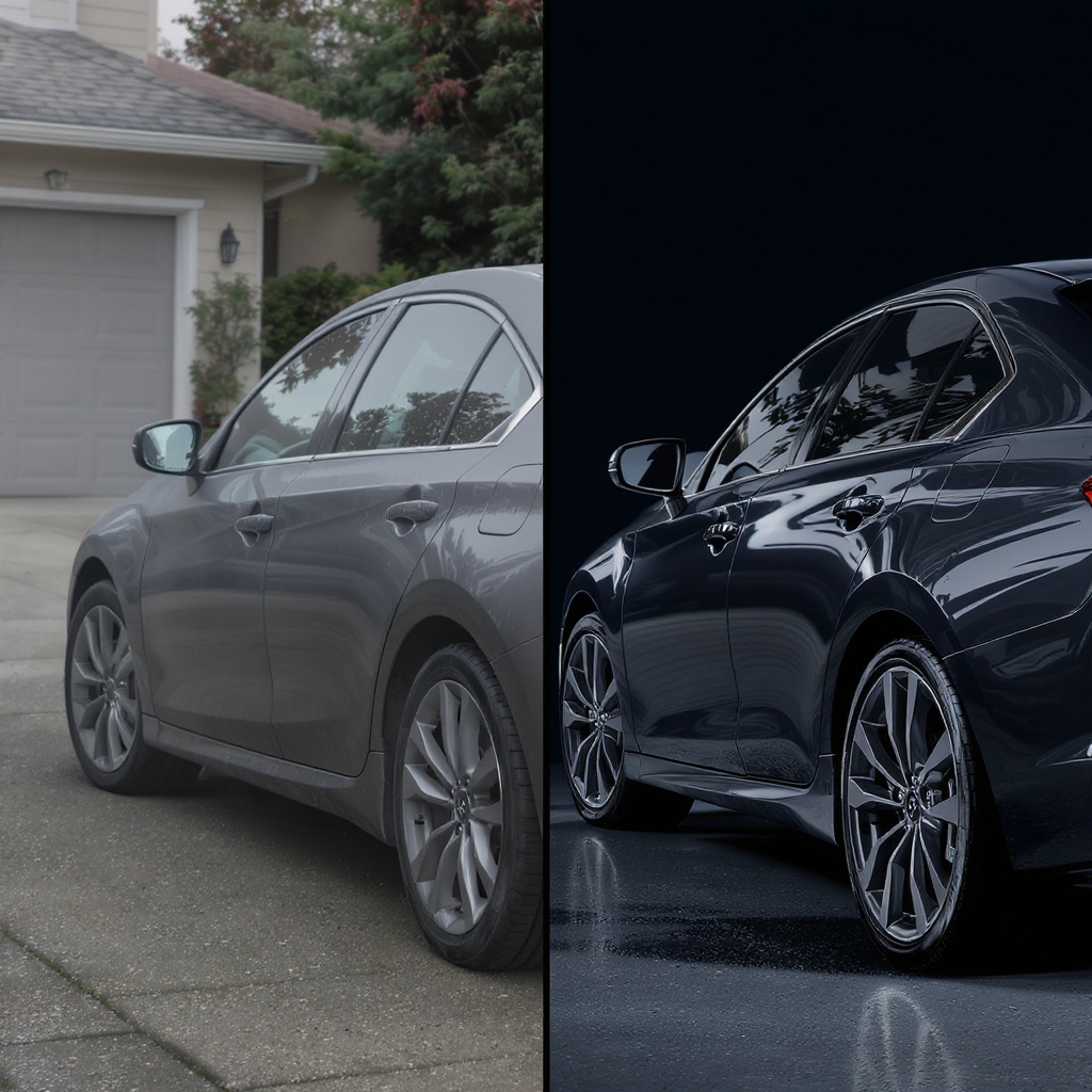 Before and after car detailing — dirty car vs gleaming clean car