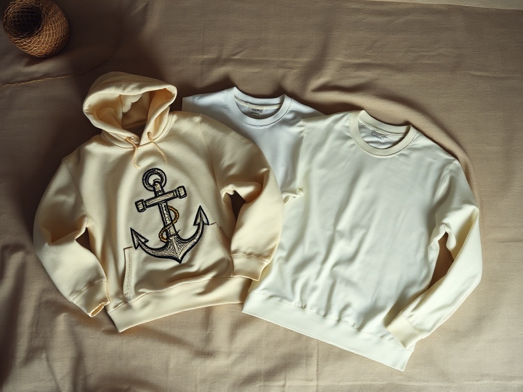 Drop 002 collection flat-lay — Anchor Hoodie, Scripture Tee, Mended Crewneck on linen