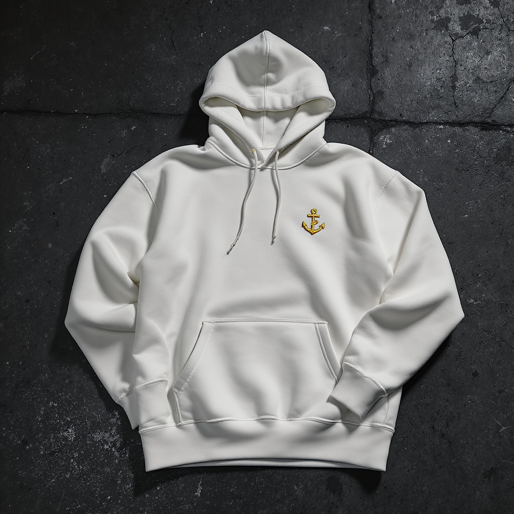 Bone white Anchor Hoodie on raw concrete — Drop 002 Stitched