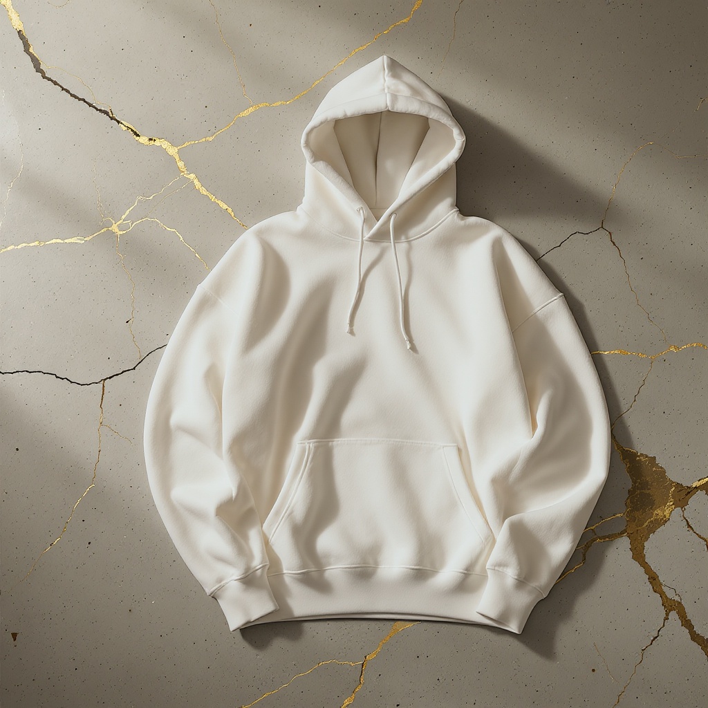 Heavyweight hoodie laid on raw concrete surface