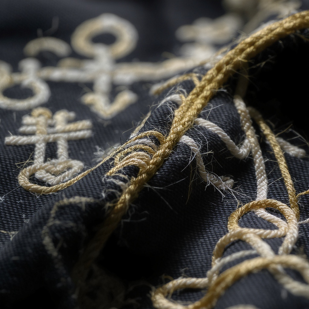 Close-up of gold anchor embroidery thread detail on sumi black fabric