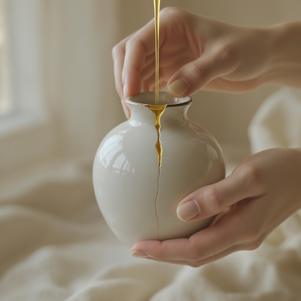 Hands veined with gold — kintsugi repair as wearable philosophy