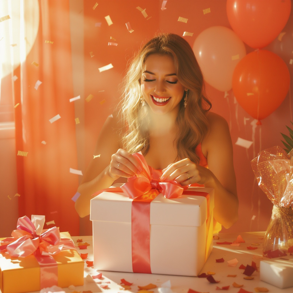 Someone unwrapping a birthday gift with joy and confetti
