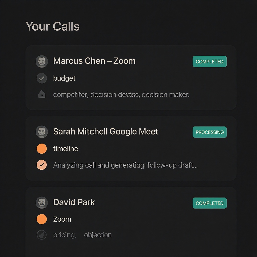 CallScout calls feed — pending follow-ups with signal chips and email previews