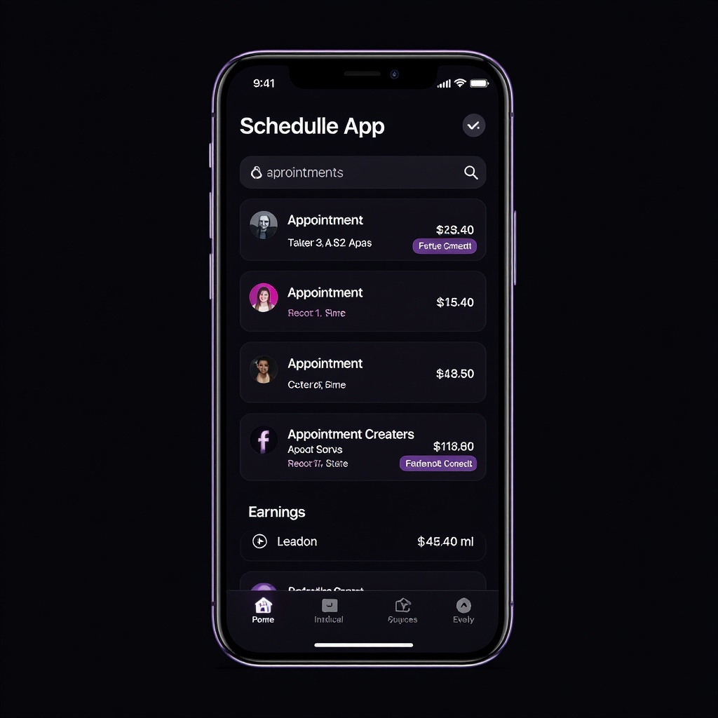 DommeAssist mobile app showing session schedule and earnings dashboard