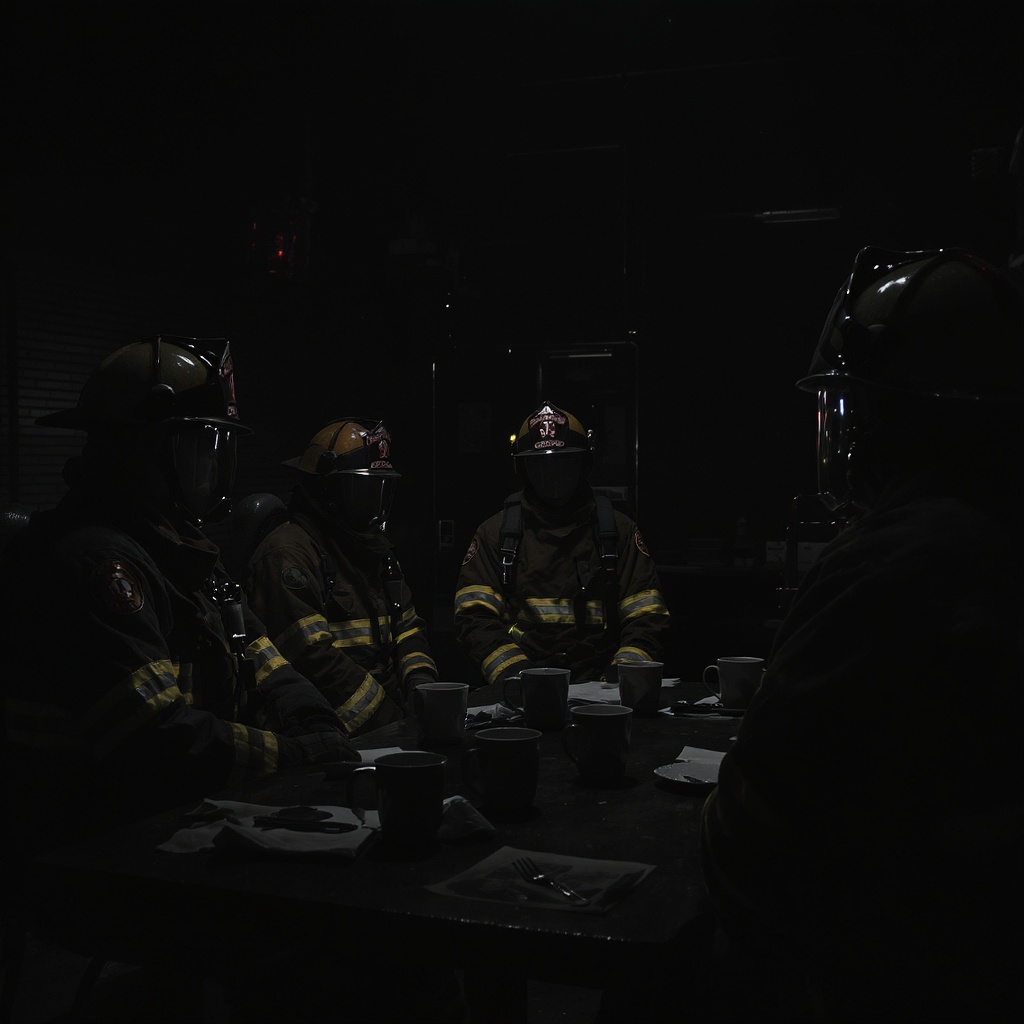 Firefighters at firehouse with coffee
