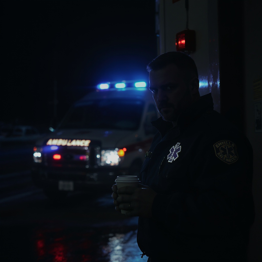 EMS paramedic at ambulance bay with coffee