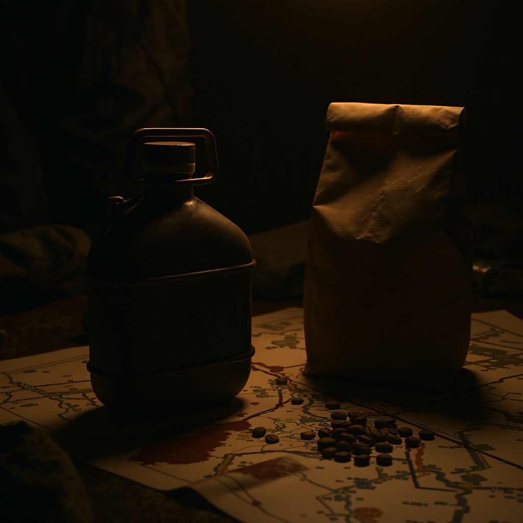Military canteen cup and coffee on a tactical map