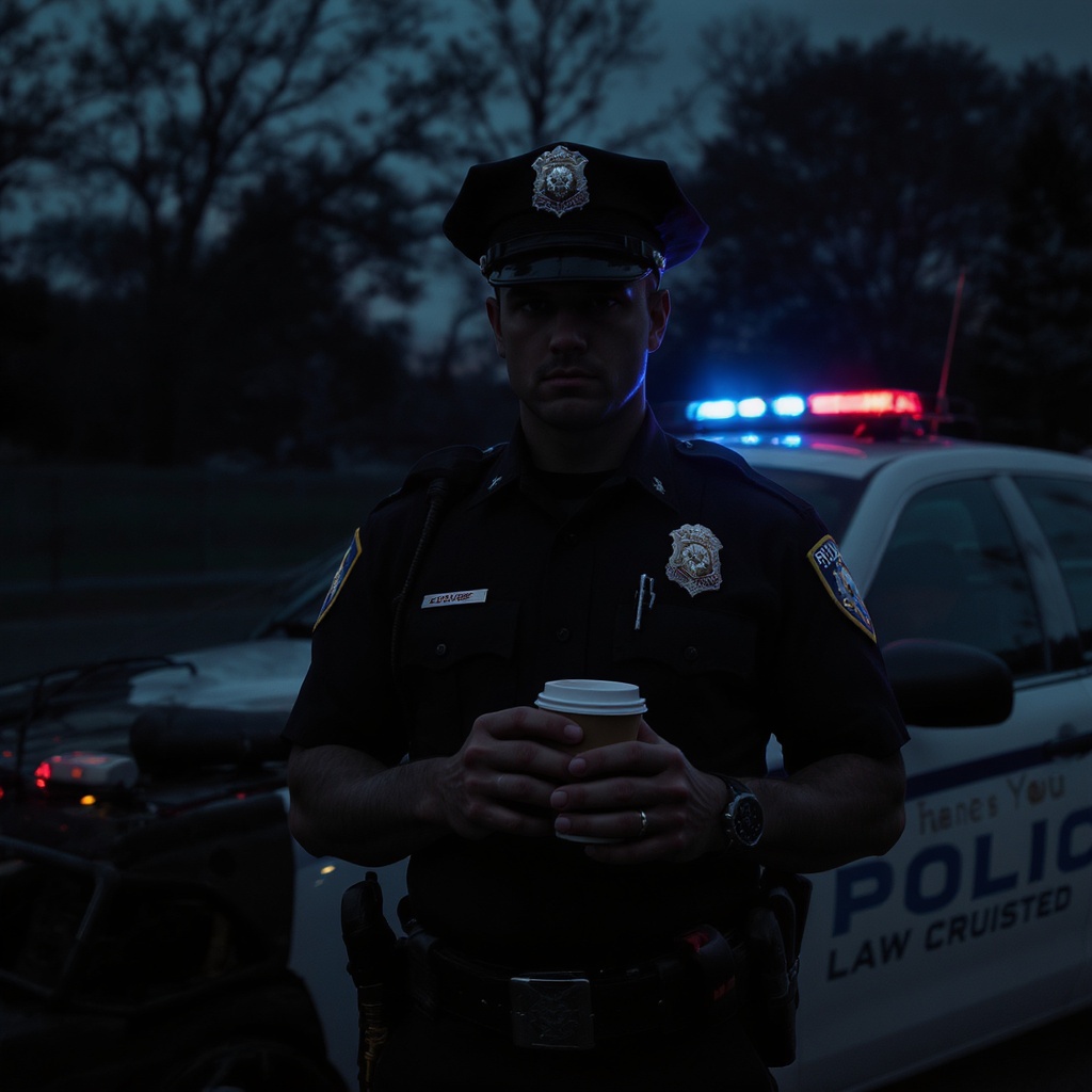 Law enforcement officer before shift with coffee