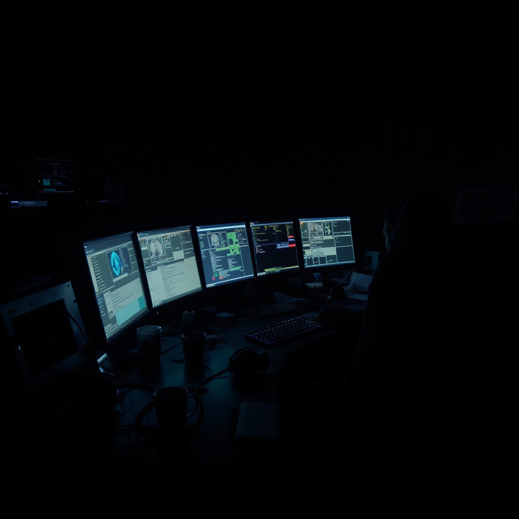 911 dispatch center at night with glowing screens