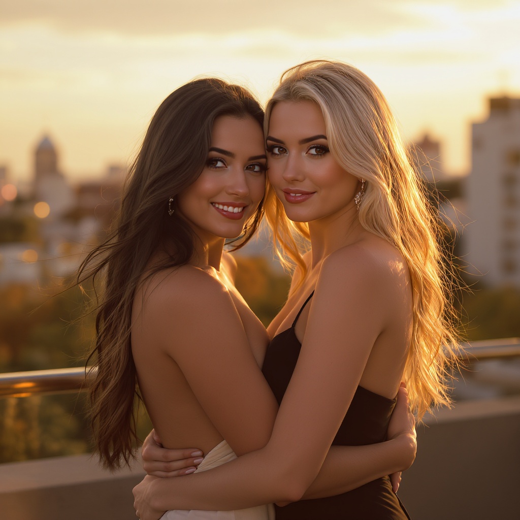 Female couple on candlelit rooftop