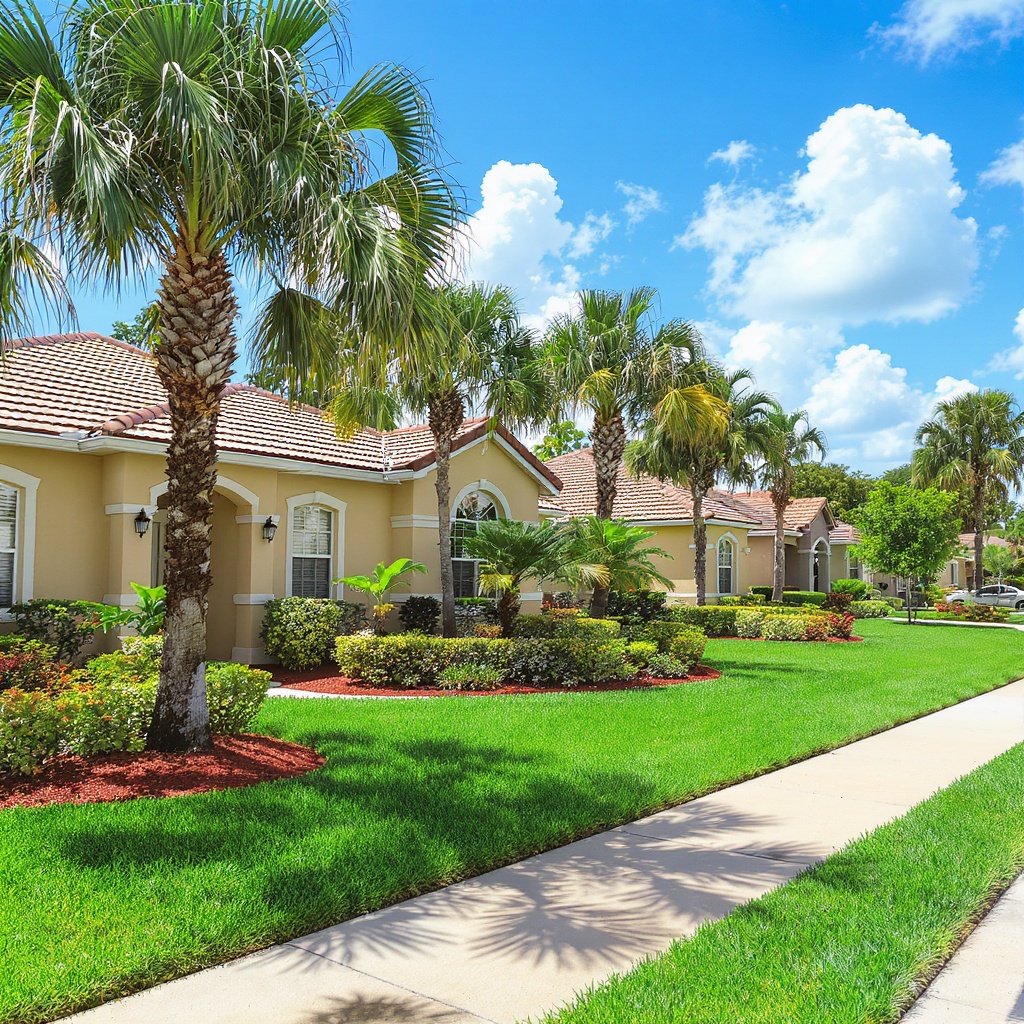 Lush Orlando residential lawn with palm trees and professional landscaping