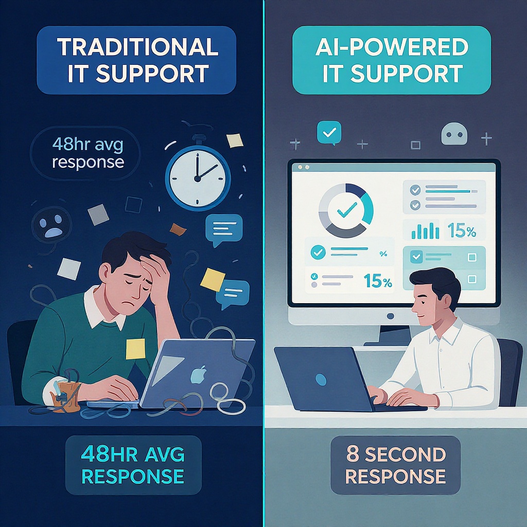 Traditional IT Support vs AI-Powered IT Support — SentinelDesk comparison infographic