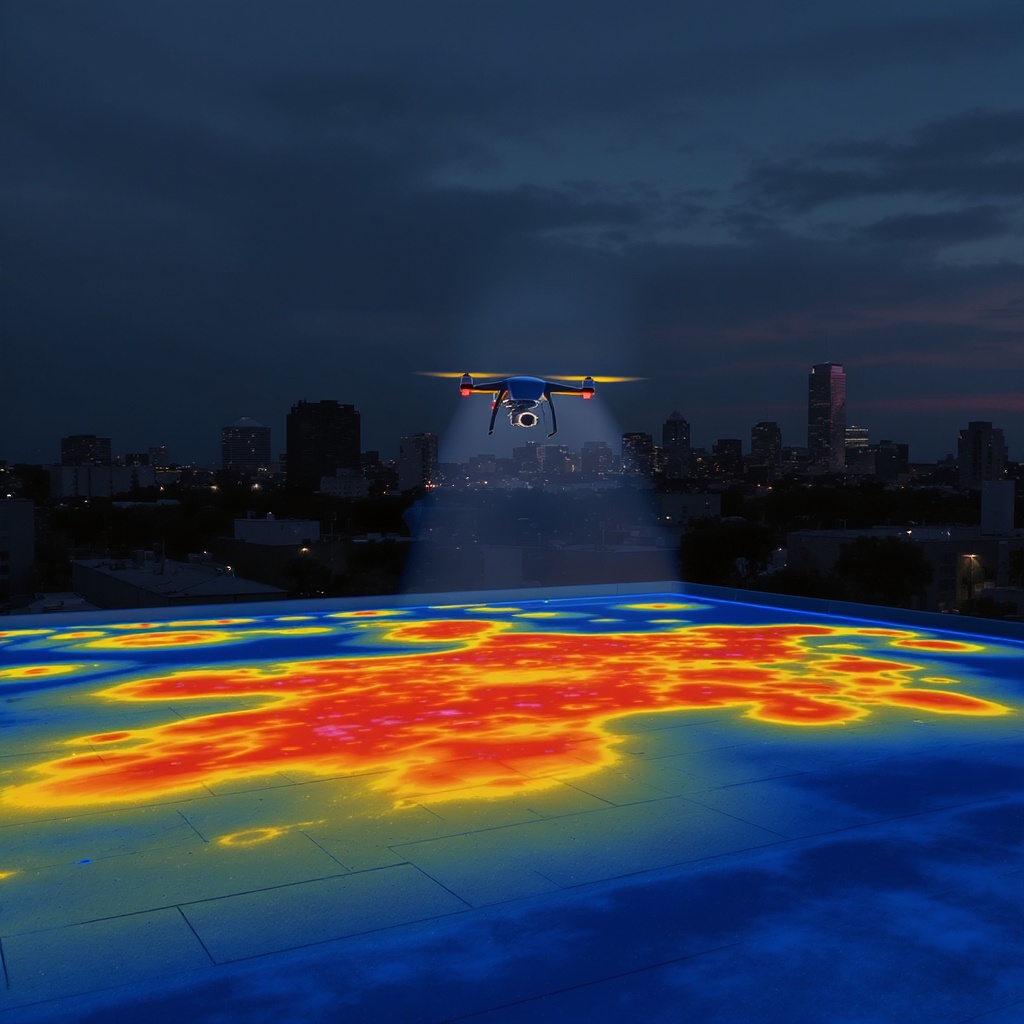 Commercial drone with thermal camera inspecting a commercial roof at dusk — thermal heat map overlay showing moisture zones in amber and normal sections in blue