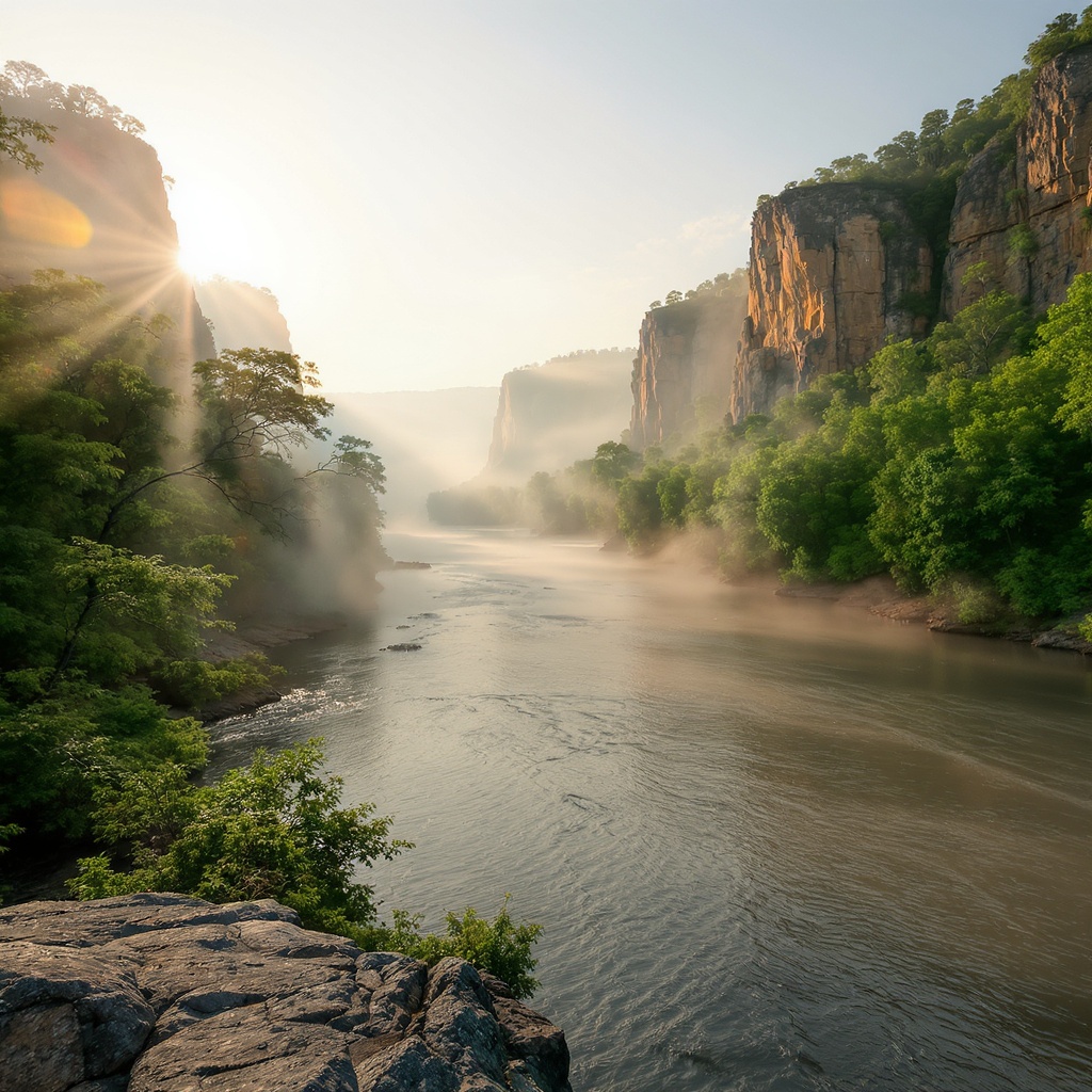 Buffalo River at sunrise with limestone bluffs rising from the misty morning water