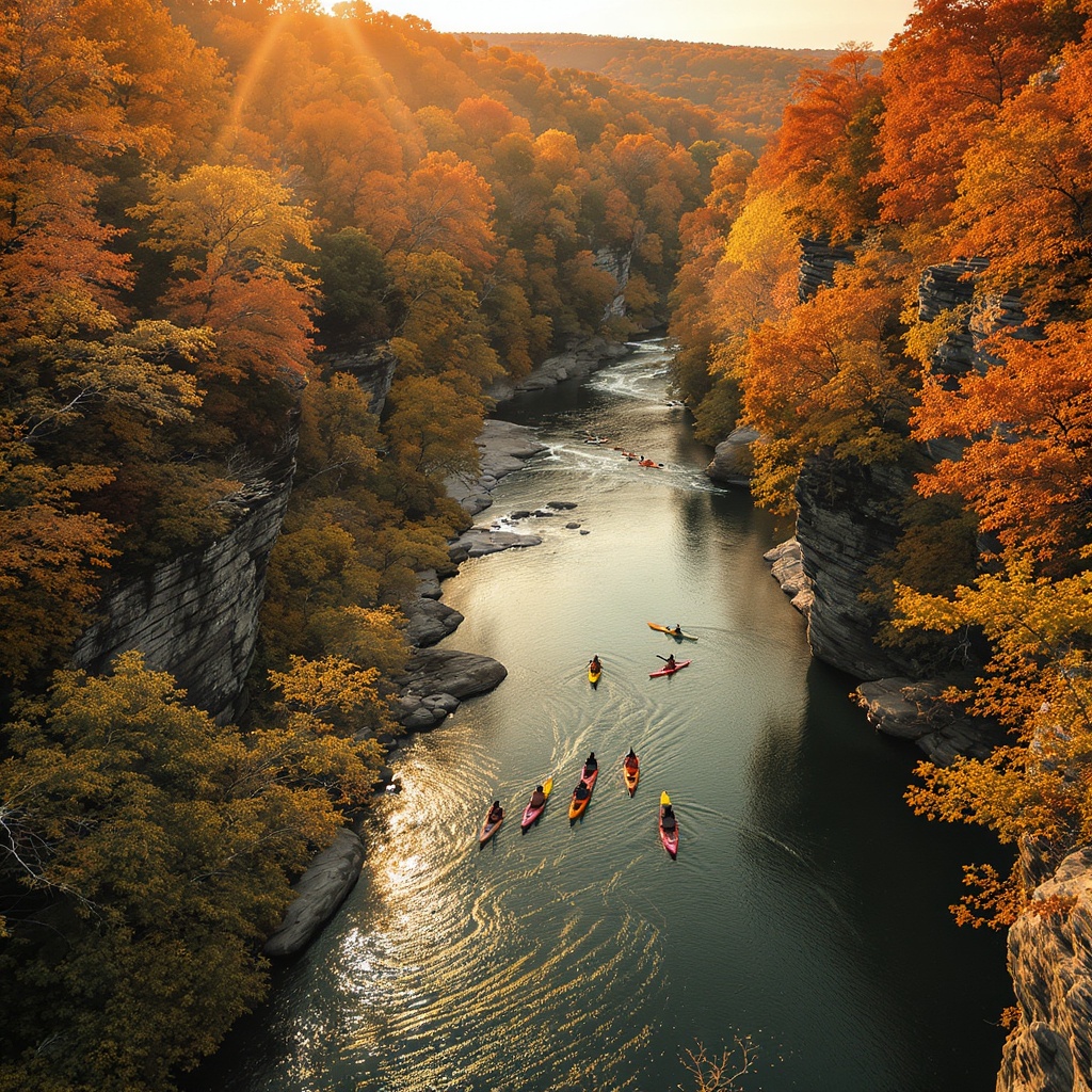 Kayakers on an Ozark river through autumn canyon