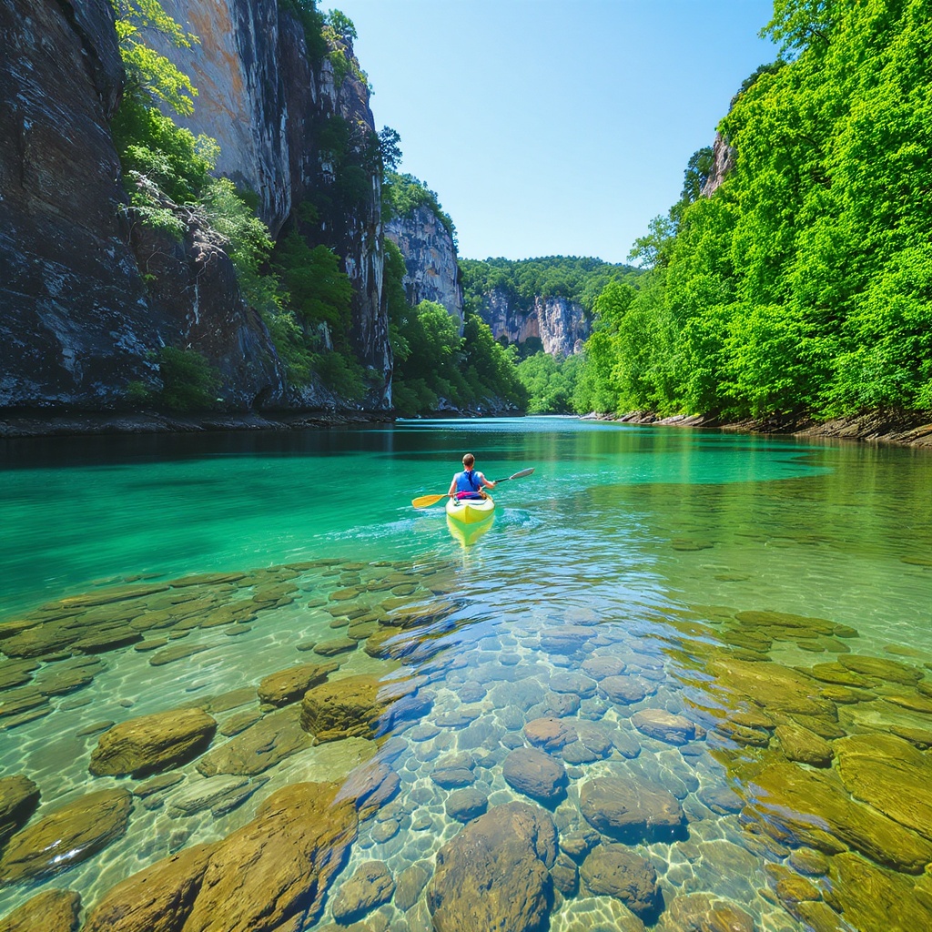 Kayaker paddling clear water on the Buffalo River with bluffs