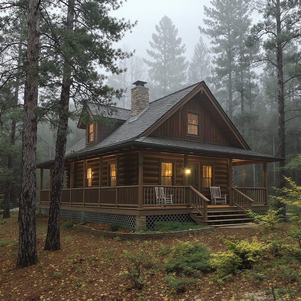 Secluded cabin in the Ozarks with morning fog among pine trees