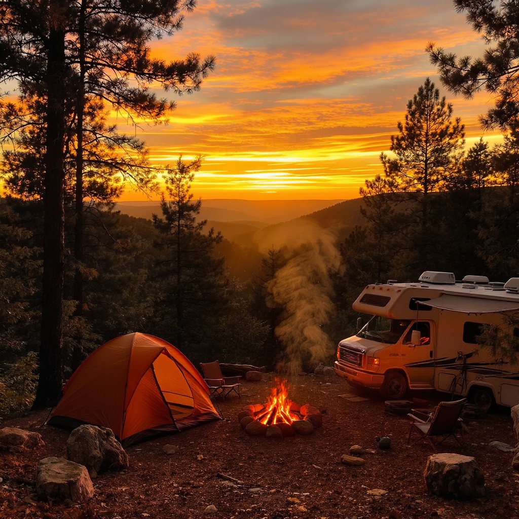 Campsite in the Arkansas Ozarks at sunset with tent and campfire