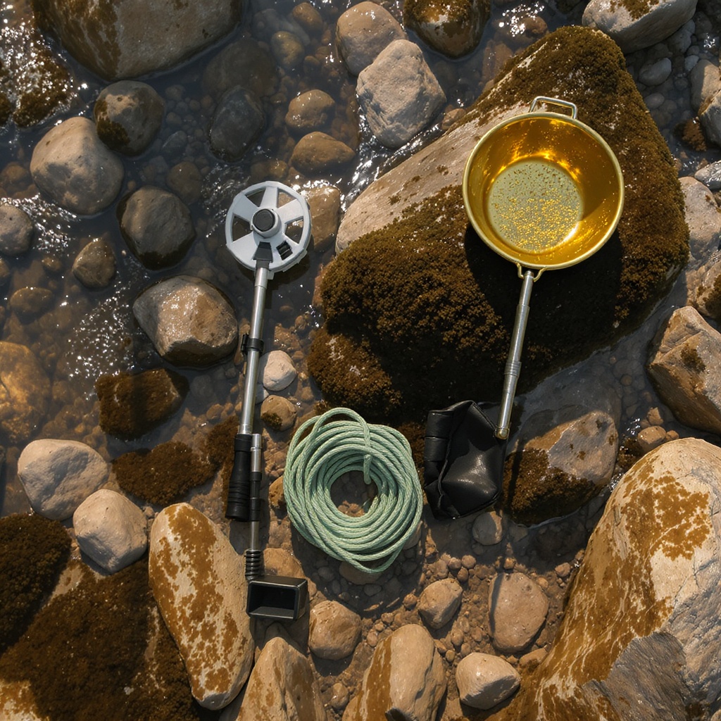 Gold panning gear laid out on an Ozarks stream bed