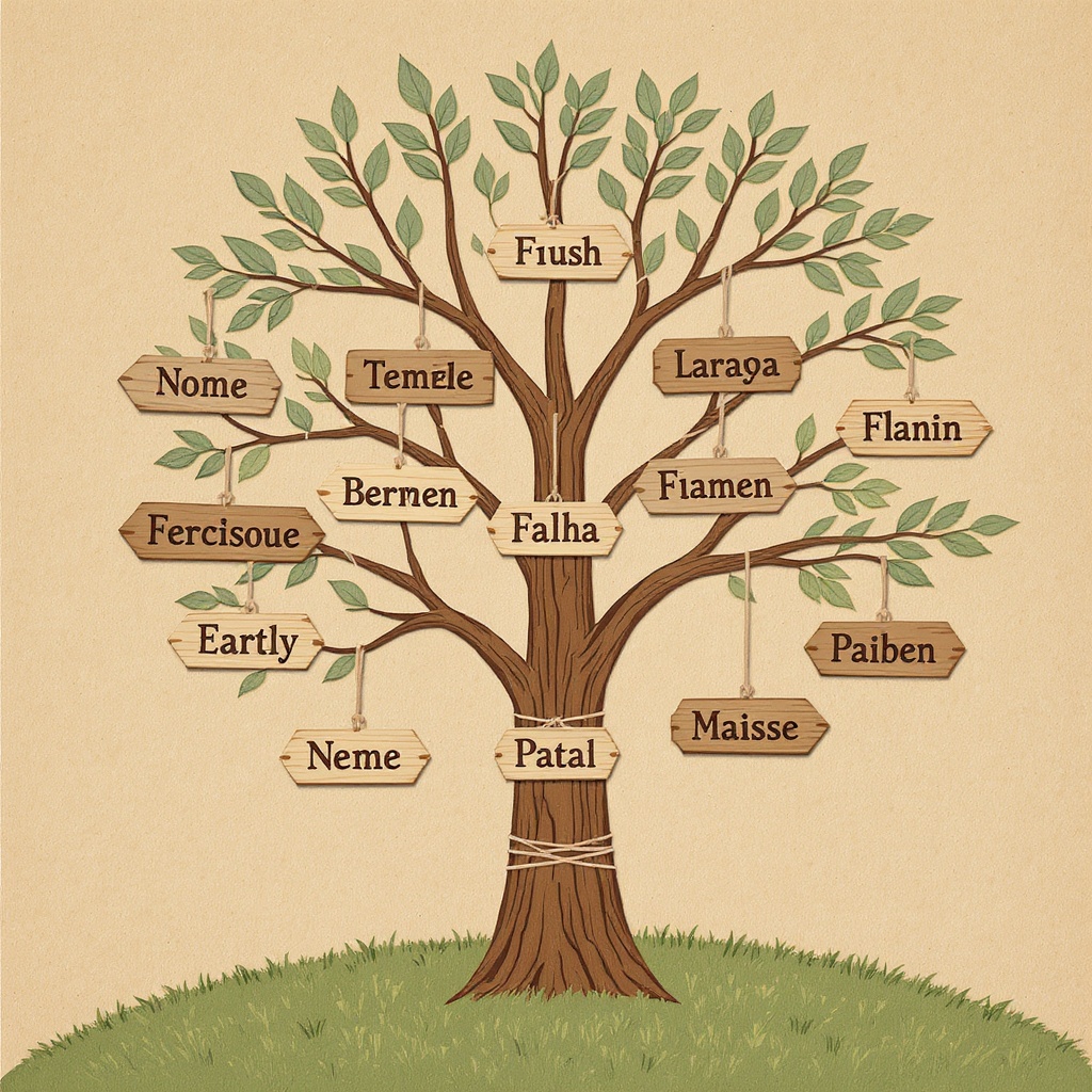 Sample family tree showing wooden plaques and yarn connections