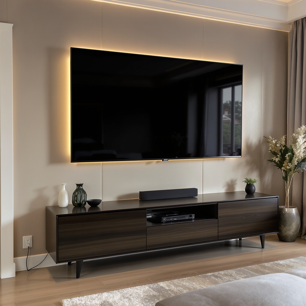 Professional TV wall mounting installation in a modern living room with clean cable management