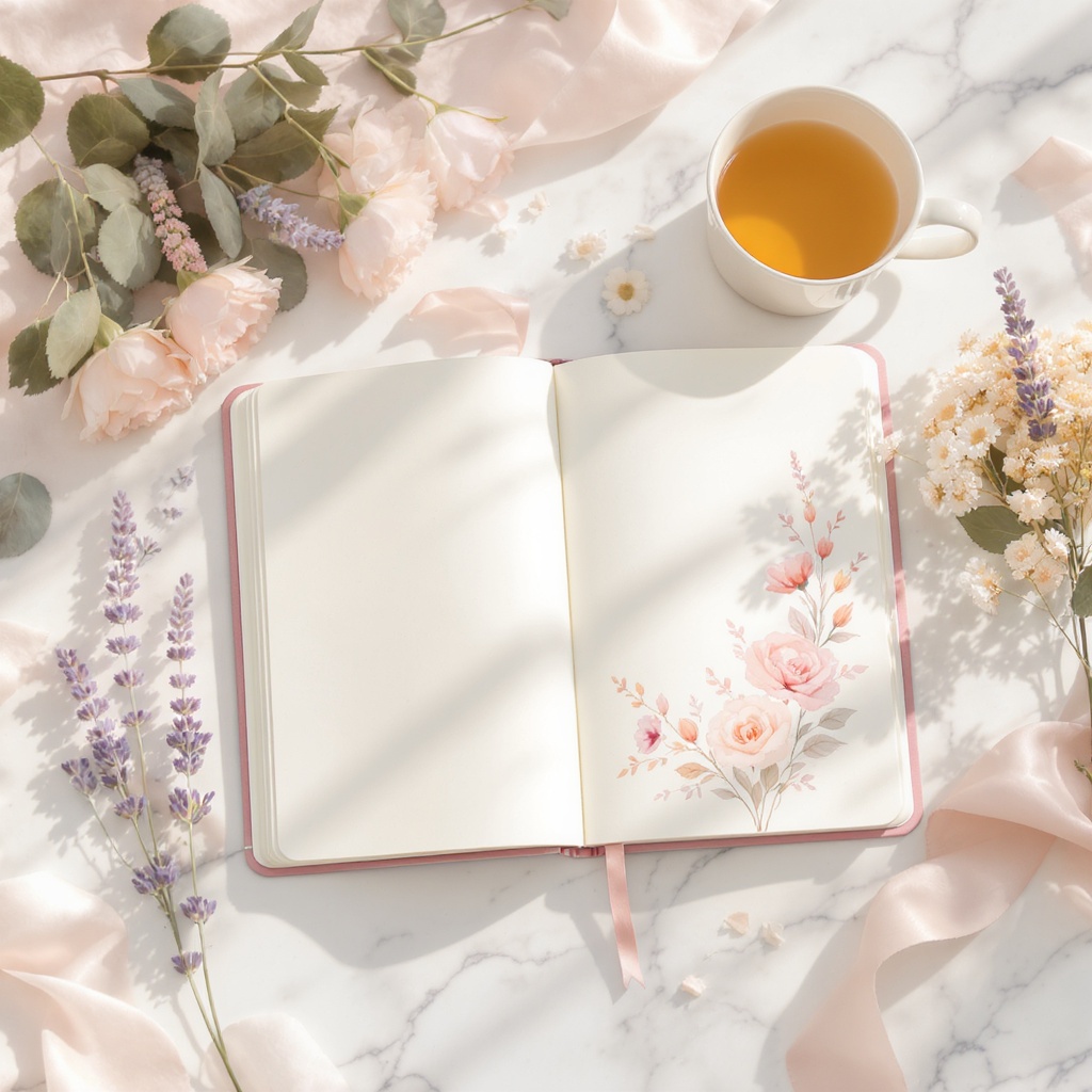 Self-Love Reset Journal open on marble surface with flowers