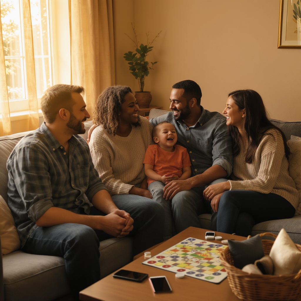A happy family playing a board game together with phones put away in a basket