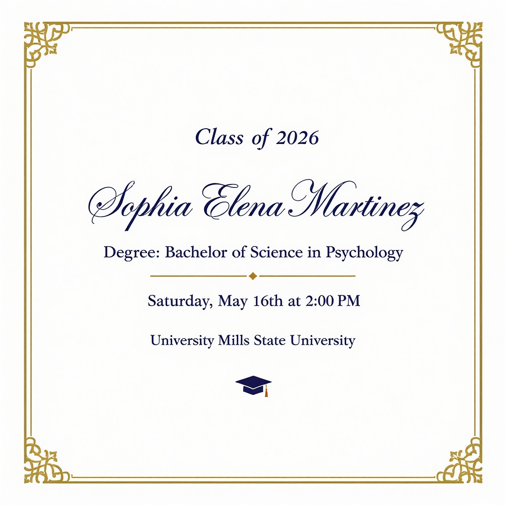 Elegant graduation announcement with navy and gold design