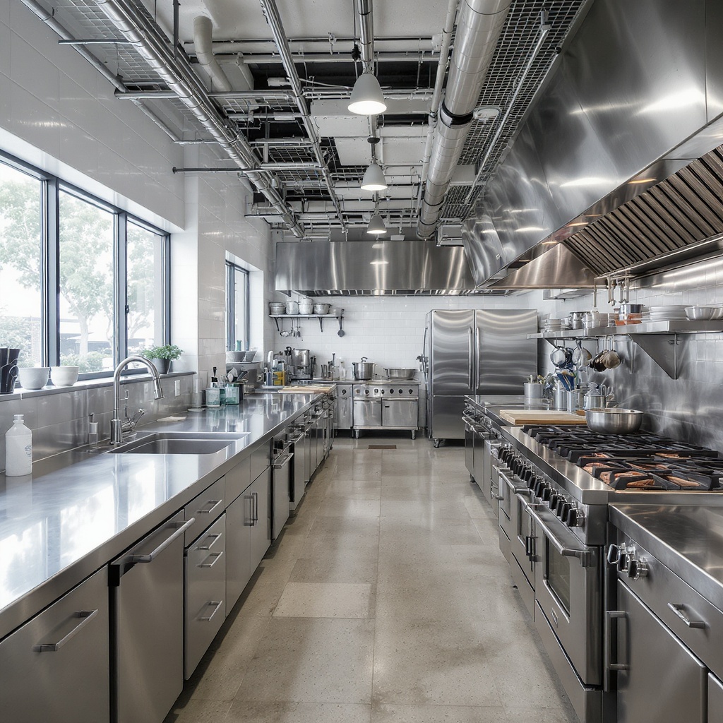 Commercial kitchen interior — stainless steel prep stations, Fountain Valley