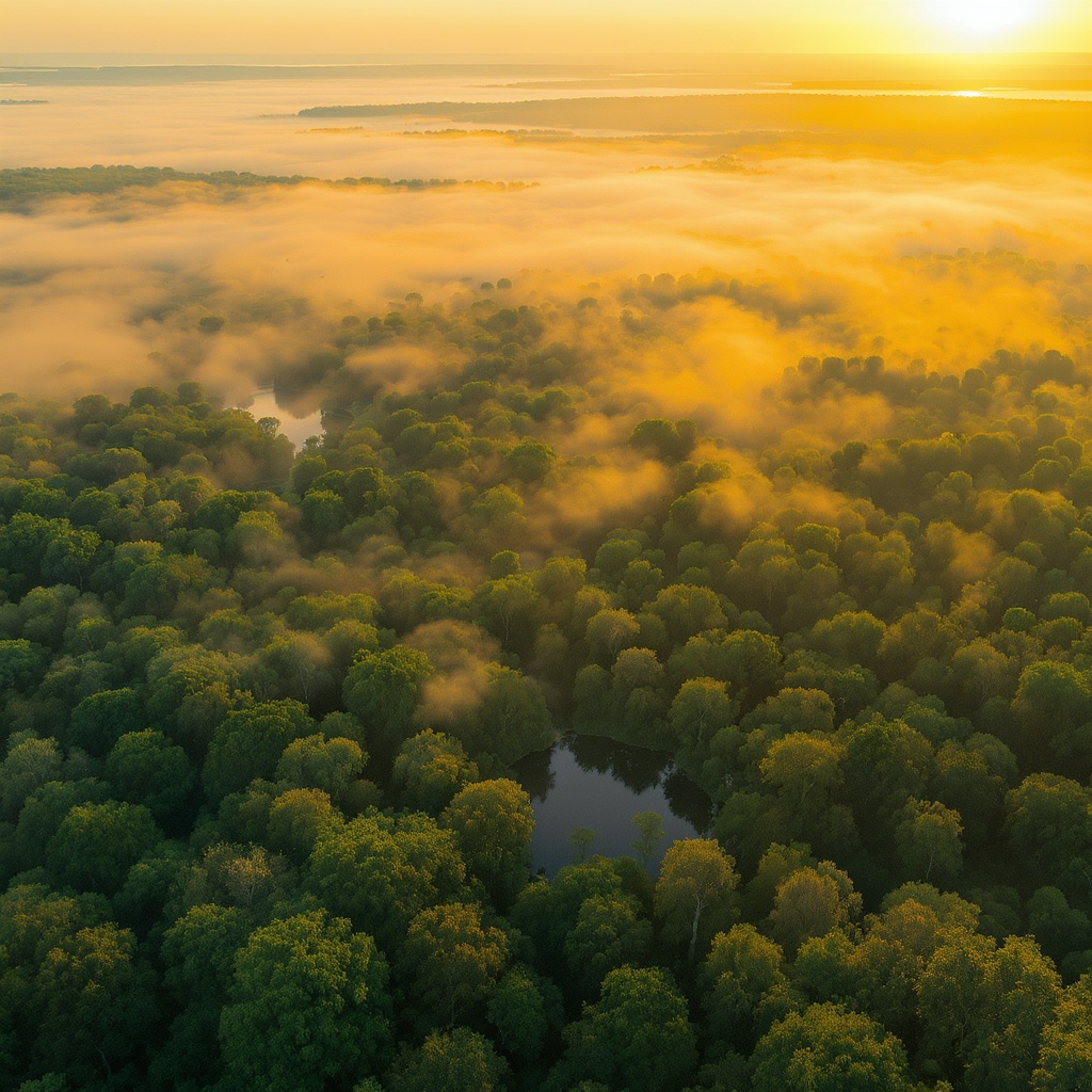 Forêt française au lever du soleil, brume sur les étangs, lumière dorée