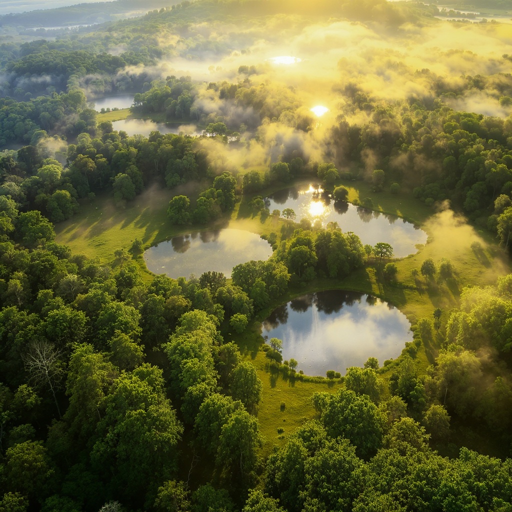 Vue drone — forêt et plans d'eau, brume matinale